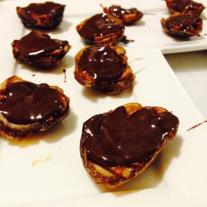 3 ingredient chocolate turtles = medjool dates split in half, pecans and melted dark chocolate.